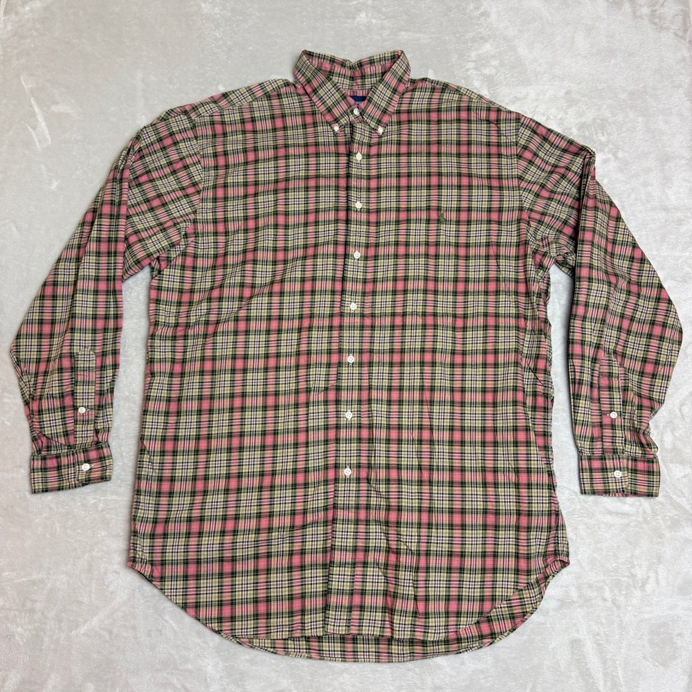 Ralph Lauren Plaid Button Down Shirt Mens XLT Tall Pink Green Preppy Cotton EUC